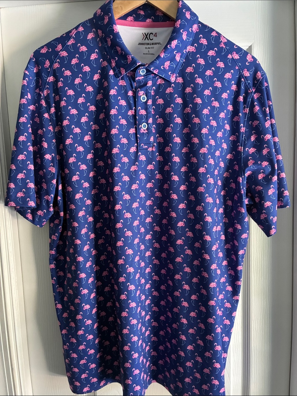 Johnston & Murphy Navy Polo with Pink Flamingo Pattern